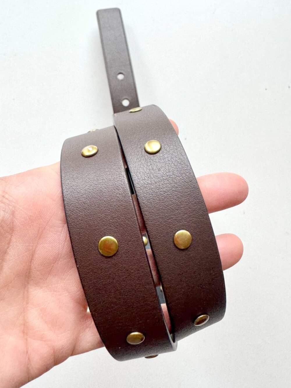 CABI Brown Leather Gold Tone Studded Stud Closure Waist Belt, Size S - Picture 5 of 12